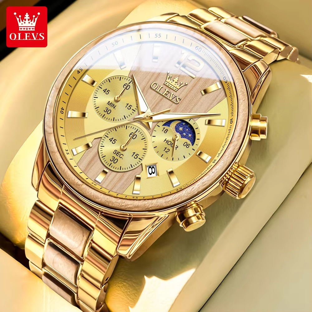 OLEVS 3645 Wooden Chronograph Stainless Steel Men's Watch-Gold
