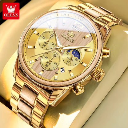 OLEVS 3645 Wooden Chronograph Stainless Steel Men's Watch-Gold