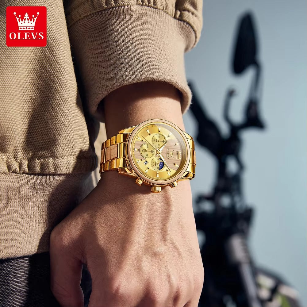 OLEVS 3645 Wooden Chronograph Stainless Steel Men's Watch-Gold