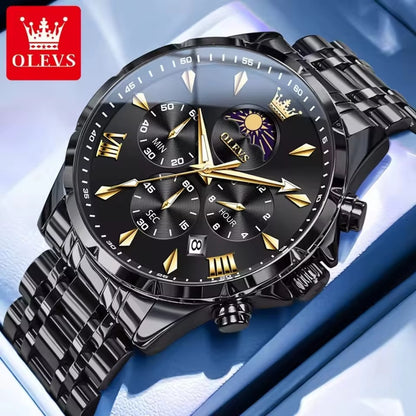 OLEVS 3653 Moon Phase Chronograph Stainless Steel Men's Watch-Black