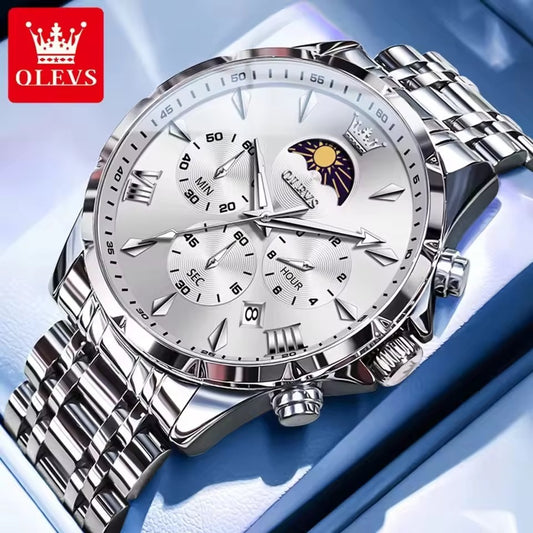 OLEVS 3653 Moon Phase Chronograph Stainless Steel Men's Watch-Silver