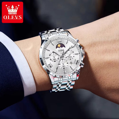 OLEVS 3653 Moon Phase Chronograph Stainless Steel Men's Watch-Silver
