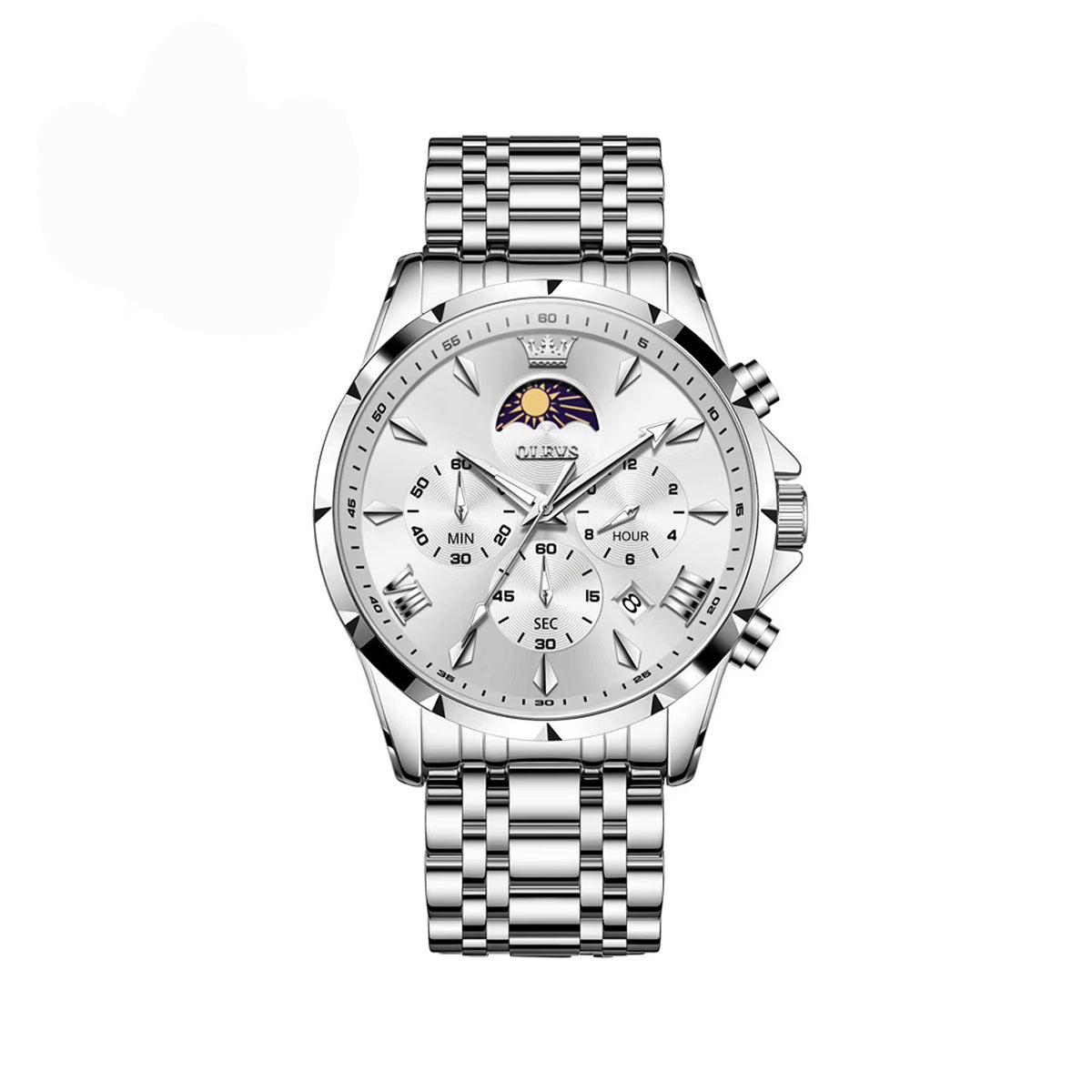 OLEVS 3653 Moon Phase Chronograph Stainless Steel Men's Watch-Silver
