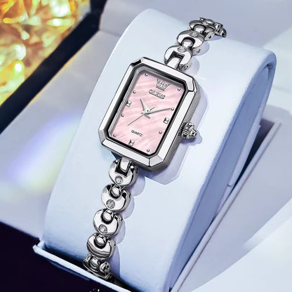 OLEVS 3665 Elegant Fashion Square Dial Ladies Watch-Silver Pink