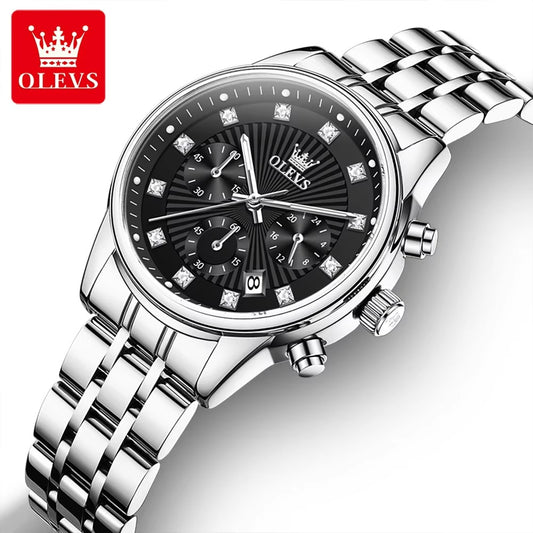 OLEVS 3669 Luxury Fashion Chronograph Ladies Watch-Silver Black