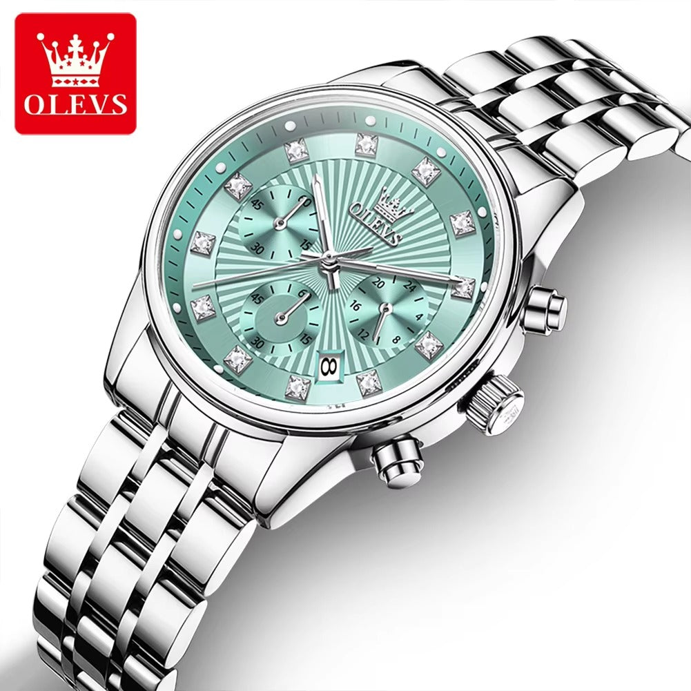 OLEVS 3669 Luxury Fashion Chronograph Ladies Watch-Silver Blue