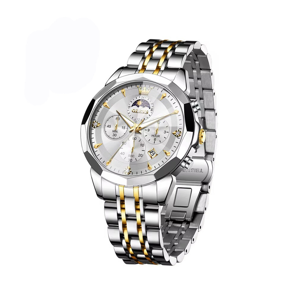 OLEVS 3673 Moon Chronograph Stainless Steel Men's Watch-Silver White
