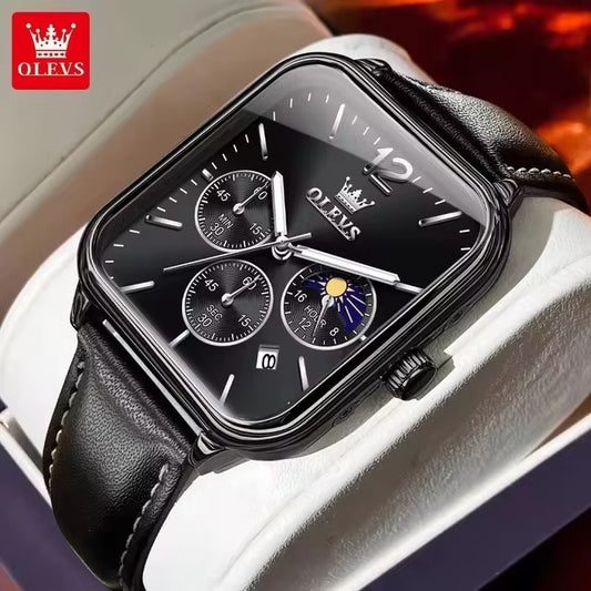 OLEVS 9914 Classic Leather Strap Men's Watch-Black