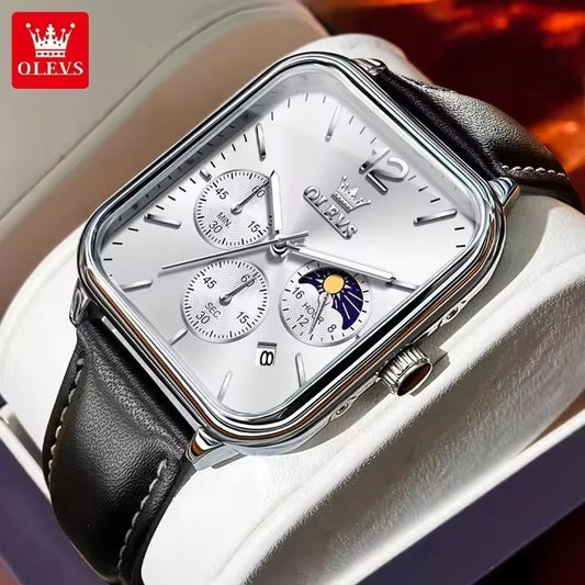 OLEVS 9914 Classic Leather Strap Men's Watch-Silver