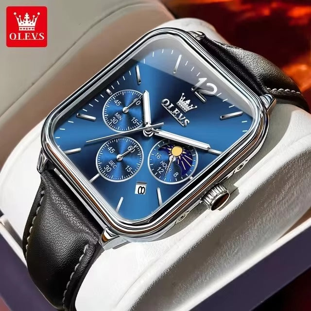 OLEVS 9914 Classic Leather Strap Men's Watch-Silver Blue