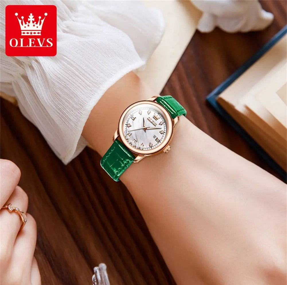 OLEVS 9981 Casual Leather Belt Ladies Watch-Green
