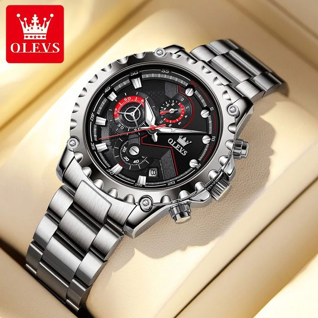 OLEVS 2873 Multi-function Chronograph Men's Watch- Silver & Black