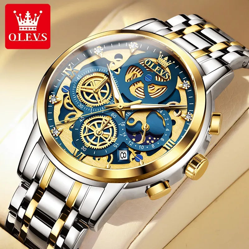 OLEVS 9947 Hollow-Carved Trendy Design Stainless Steel Chronograph Luminous Multifunctional Watch for Men’s- Silver Gold & Blue