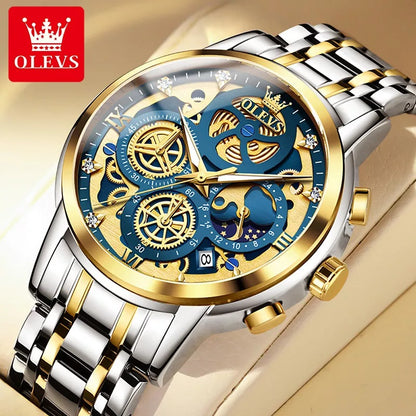 OLEVS 9947 Hollow-Carved Trendy Design Stainless Steel Chronograph Luminous Multifunctional Watch for Men’s- Silver Gold & Blue