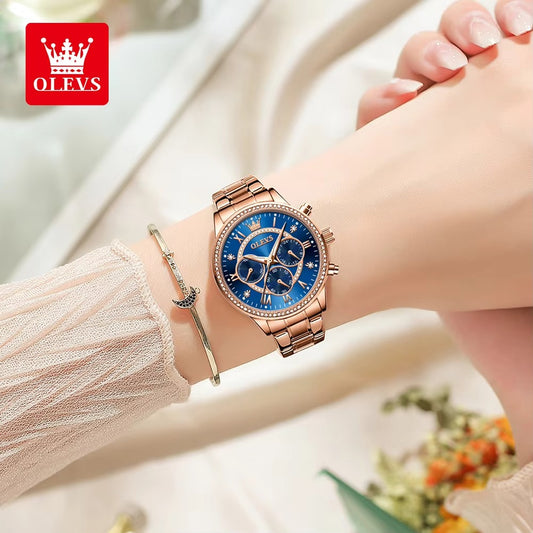 OLEVS TY715 Luxury Diamond Chronograph Ladies Watch-Rose Blue