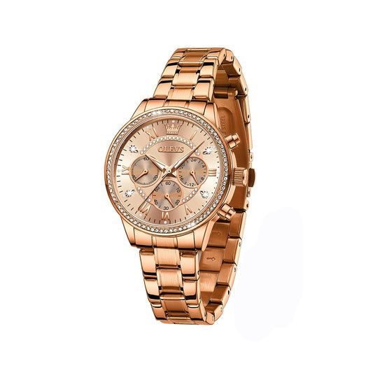 OLEVS TY715 Luxury Diamond Chronograph Ladies Watch-Rose Gold