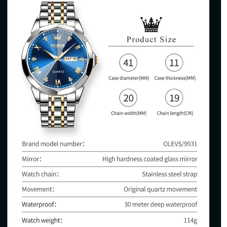 Olevs 9931 New luxury Fashion stainless steel imported quartz movement wrist-watch for Men- Silver Blue
