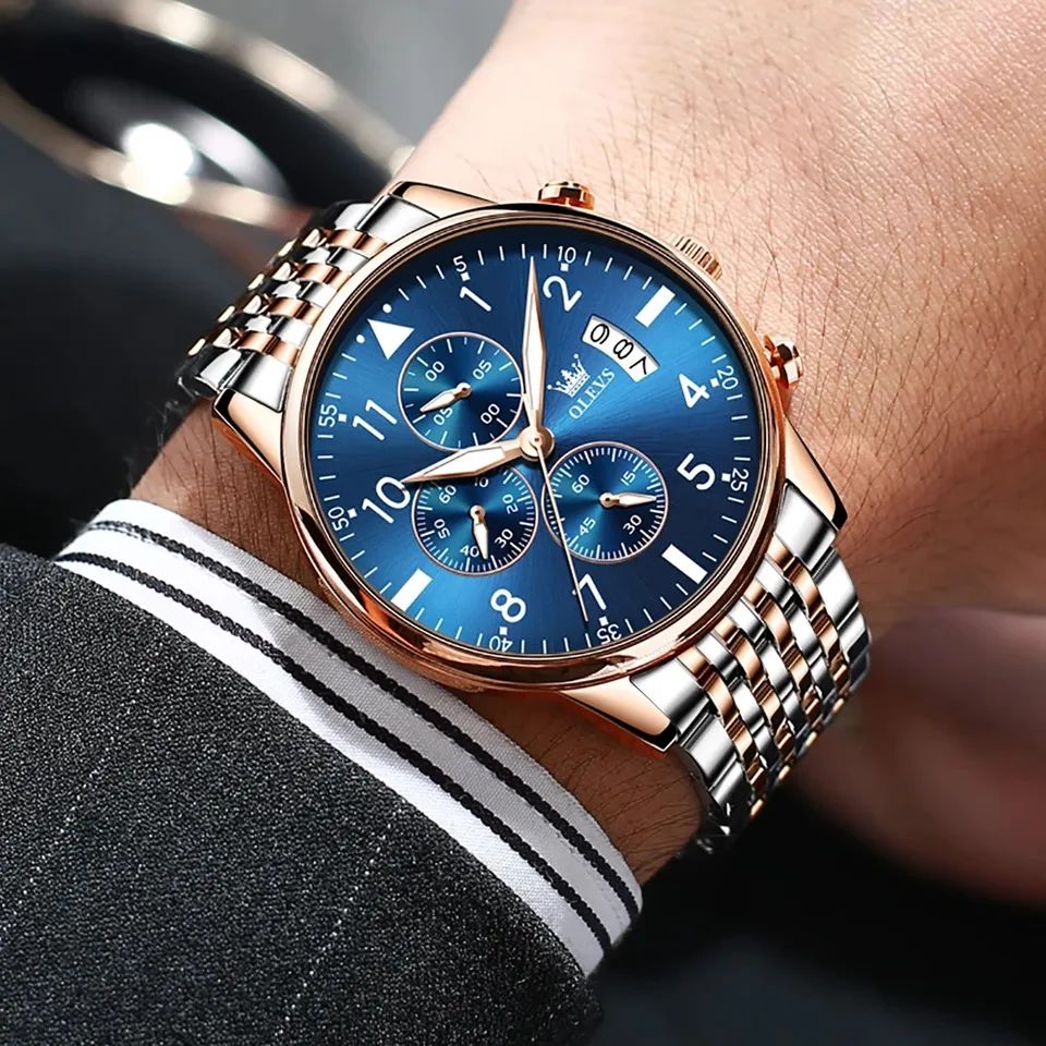 OLEVS 2869 Luxury Chronograph Stainless Steel Business Series Men’s Wristwatch- Silver Blue