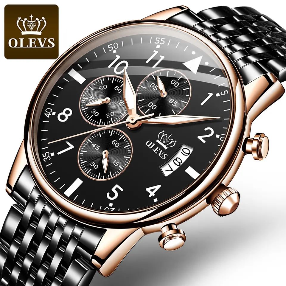 OLEVS 2869 Luxury Chronograph Stainless Steel Business Series Men’s Wristwatch- Black