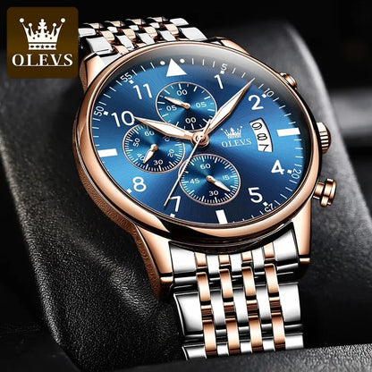 OLEVS 2869 Luxury Chronograph Stainless Steel Business Series Men’s Wristwatch- Silver Blue