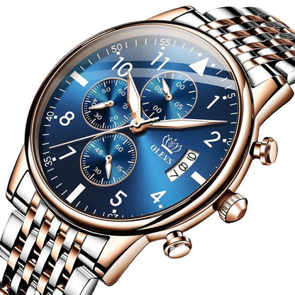 OLEVS 2869 Luxury Chronograph Stainless Steel Business Series Men’s Wristwatch- Silver Blue