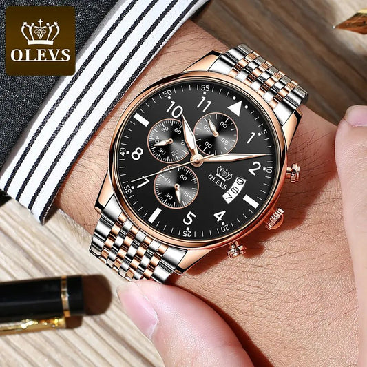 OLEVS 2869 Luxury Chronograph Stainless Steel Business Series Men’s Wristwatch- Silver Black
