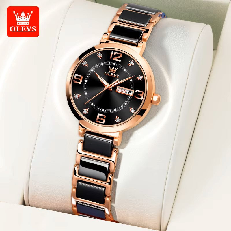 Olevs 5005 Day Date Ceramic Strap Ladies Watch