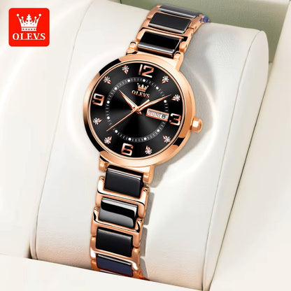 Olevs 5005 Day Date Ceramic Strap Ladies Watch