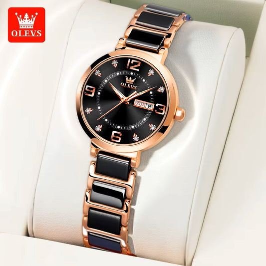 Olevs 5005 Day Date Ceramic Strap Ladies Watch