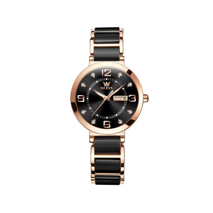 Olevs 5005 Day Date Ceramic Strap Ladies Watch