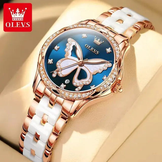 Olevs 5610 Butterfly Dial Ceramic Strap Ladies Watch-Blue