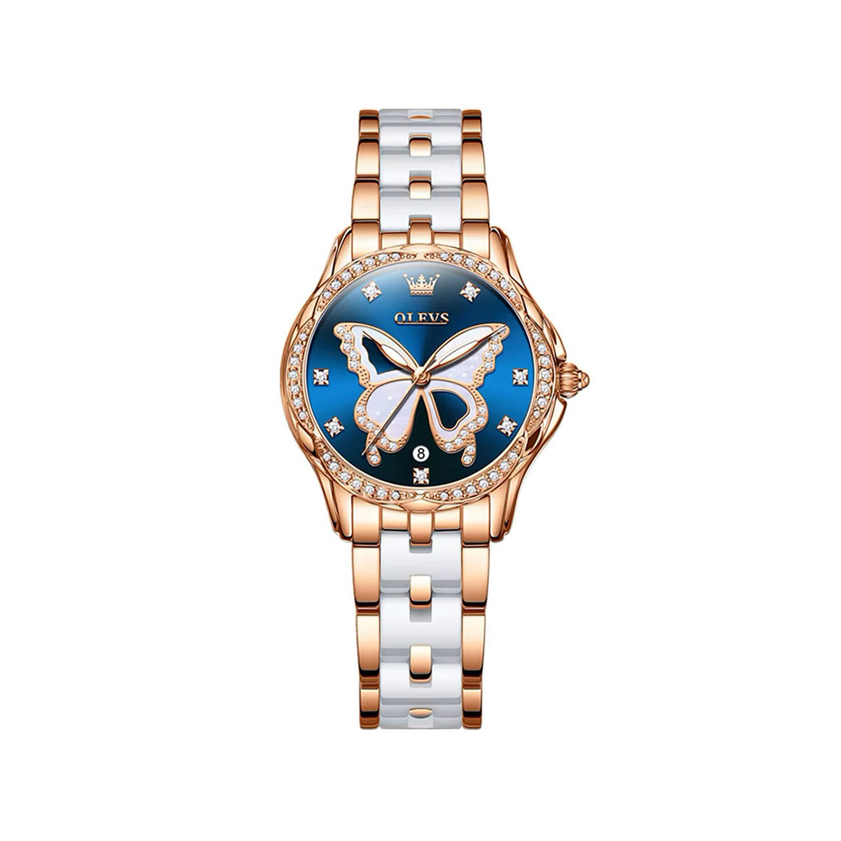 Olevs 5610 Butterfly Dial Ceramic Strap Ladies Watch-Blue