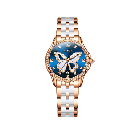 Olevs 5610 Butterfly Dial Ceramic Strap Ladies Watch-Blue