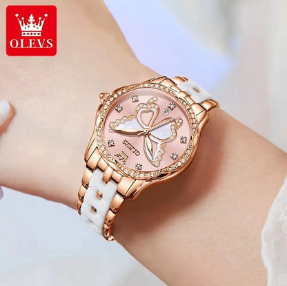 Olevs 5610 Butterfly Dial Ceramic Strap Ladies Watch-Pink