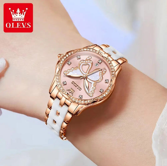 Olevs 5610 Butterfly Dial Ceramic Strap Ladies Watch-Pink