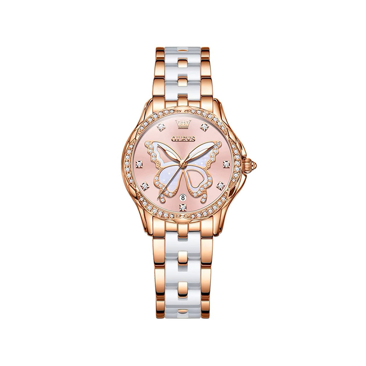 Olevs 5610 Butterfly Dial Ceramic Strap Ladies Watch-Pink