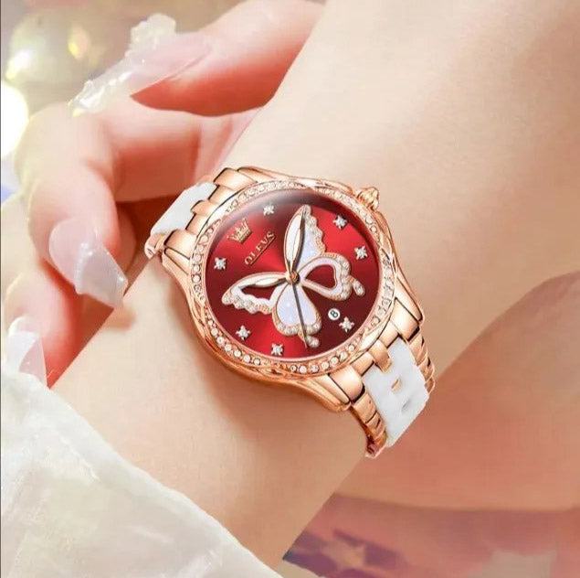 Olevs 5610 Butterfly Dial Ceramic Strap Ladies Watch-Red