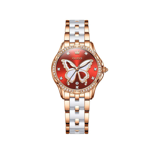 Olevs 5610 Butterfly Dial Ceramic Strap Ladies Watch-Red