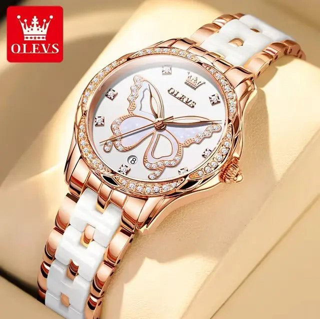 Olevs 5610 Butterfly Dial Ceramic Strap Ladies Watch-White