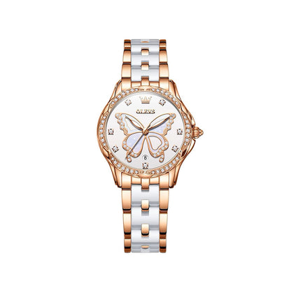 Olevs 5610 Butterfly Dial Ceramic Strap Ladies Watch-White