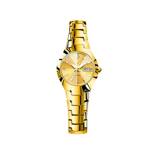 OLEVS 8697 Ceramic Quartz Tungsten Steel Strap Elegant Fashion Luminous Date Diamond Wristwatch For Women- Gold