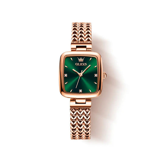 Olevs 9951 Luxury elegant stainless steel fashion Women’s quartz watch- Rose Gold & Green