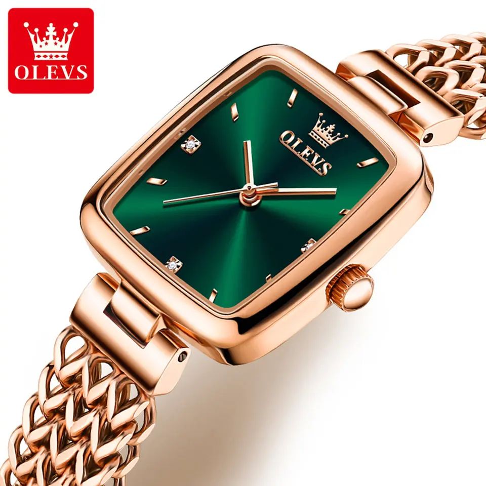 Olevs 9951 Luxury elegant stainless steel fashion Women’s quartz watch- Rose Gold & Green