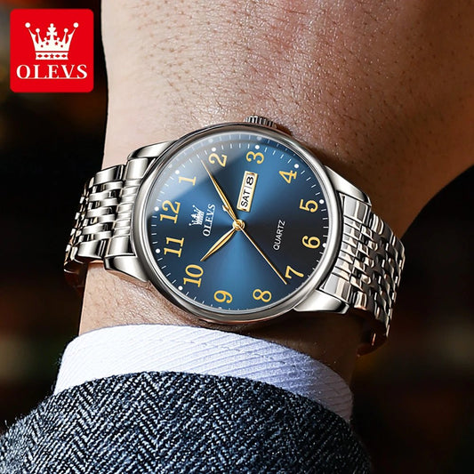 Olevs 5535 Stainless Steel Analog Wrist Watch For Men -Royal Blue & Silver