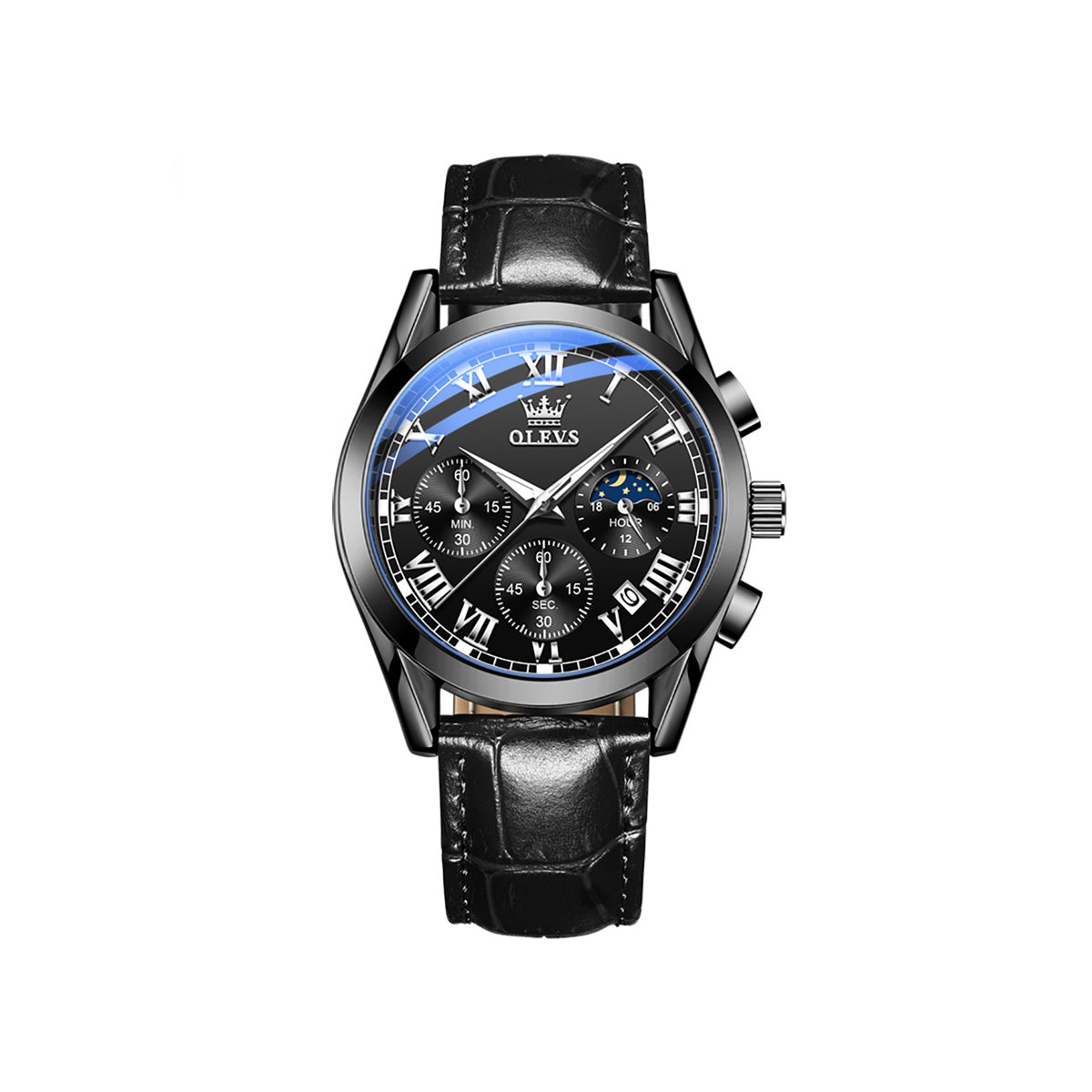 Olevs 2871 Leather Strap Fashion Business Quartz Wristwatch for Men- Black