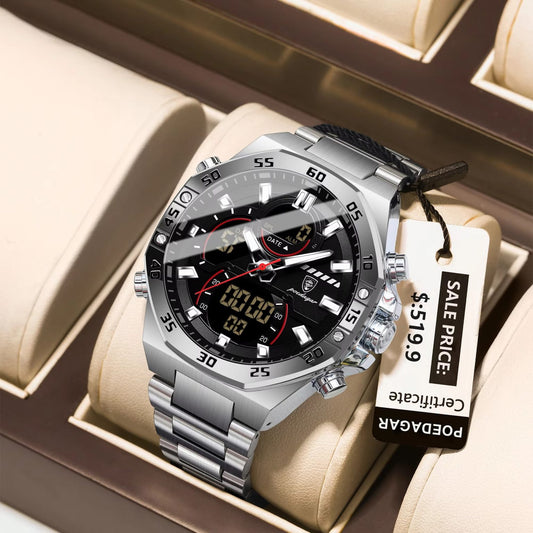 POEDAGAR 101 Electronic Dual Time Stainless Men's Watch-Silver Black