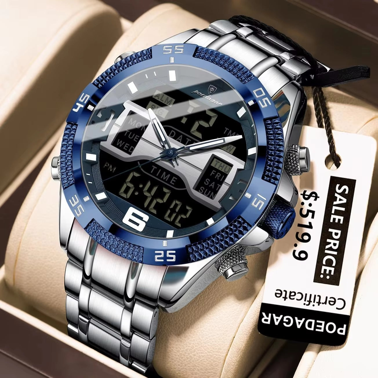 POEDAGAR 103 Luxury Sports Dual Time Men's Watches-Silver Blue