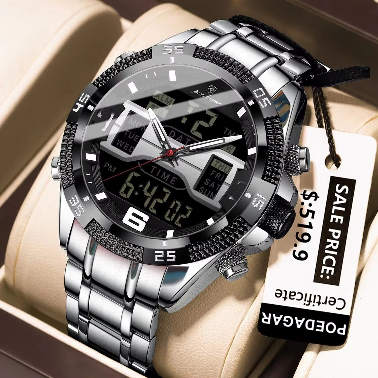 POEDAGAR 103 Luxury Sports Dual Time Men's Watches-Silver Black