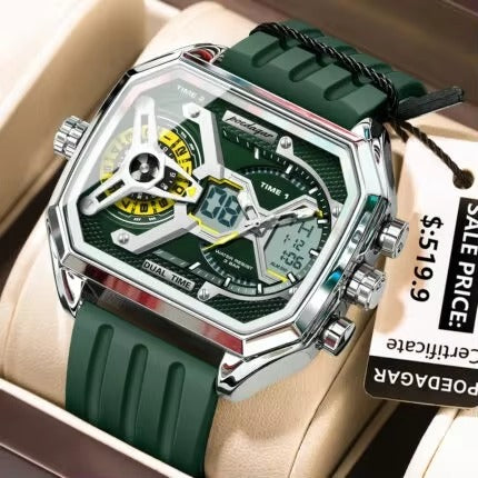 POEDAGAR 106 New Edgy Dual Display Silicone Strap Men's Watch-Green