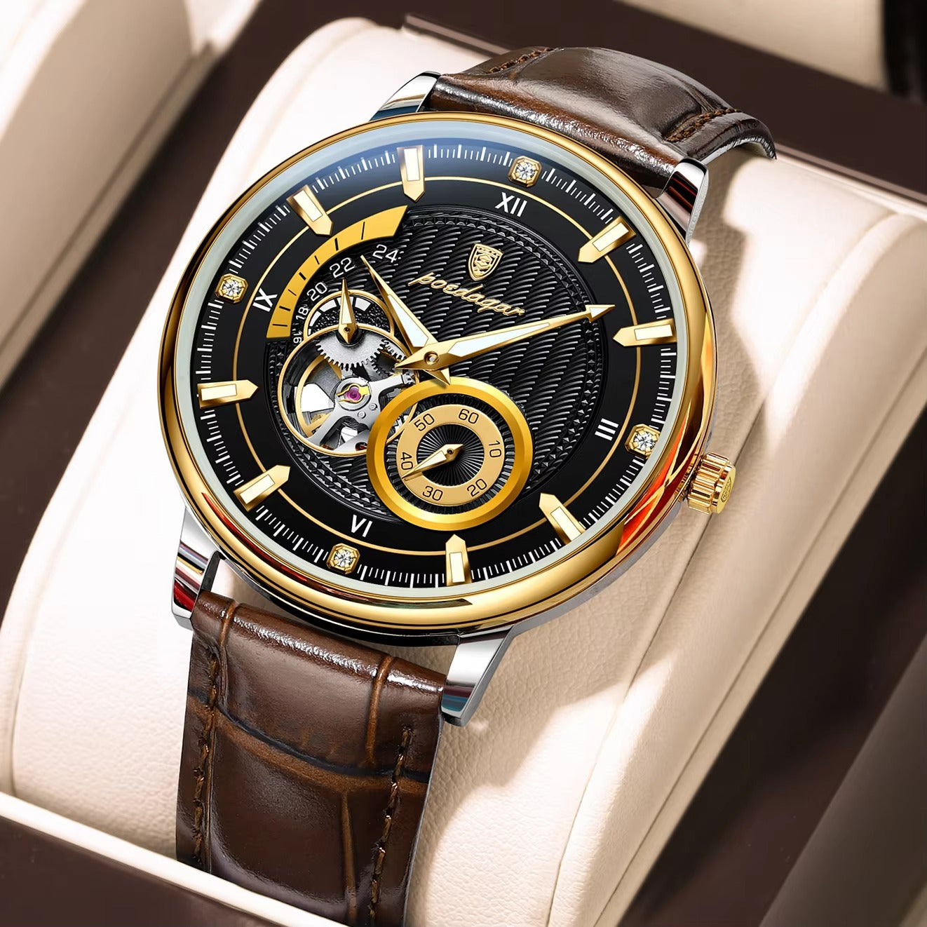 POEDAGAR 1416 Luxury Luminous Leather Belt Automatic Men's Watch-Gold Black